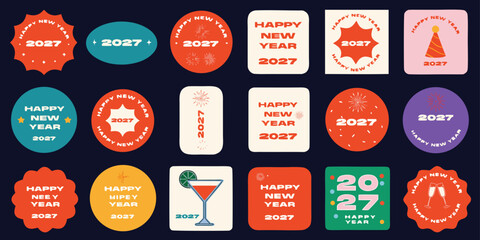 Obraz premium Festive new year 2027 vector stickers and badges collection on dark background with party hat celebration illustration collection greeting abstract fireworks cocktail 