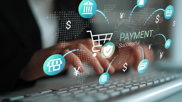 Digital Payment Process Overview with Hands Typing on Keyboard and Successful Transaction Indicators in Modern Finance Concept Gluon.