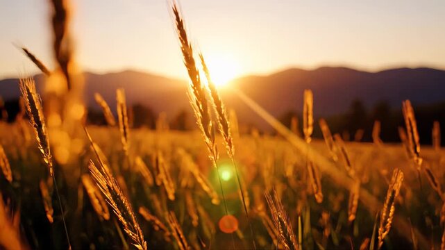 Golden wheat stalks in the sunset light with blurred mountains in background