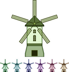 Fototapeta premium old mill farm cartoon. house countryside, bakery nature, organic water old mill farm sign colorful illustration