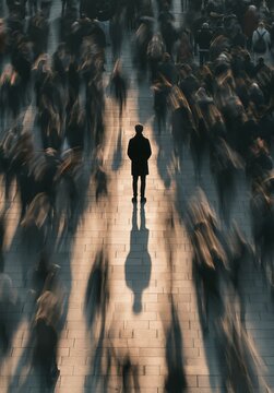 Poetic conceptual image of social anxiety, featuring a solitary person standing still as a fast, blurry crowd rushes past in a city square, symbolizing deep isolation and fear of society.