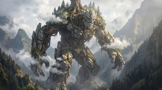 Giant stone golem earth elemental in misty fantasy mountains