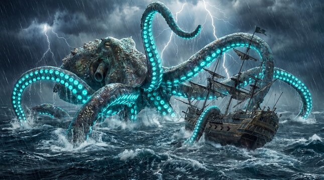 Giant kraken attacking wooden pirate ship in stormy sea