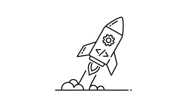 Rocket ship with coding and settings icons isolated on white background