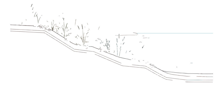 Minimalist landscape sketch of a sloping riverbank with wild grass, hand-drawn shoreline vector illustration, simple nature outline drawing