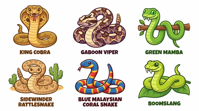 A colorful illustration of six venomous snakes including King Cobra, Gaboon Viper, Green Mamba, Sidewinder Rattlesnake, Blue Malaysian Coral Snake, and Boomslang in a desert landscape with cacti.