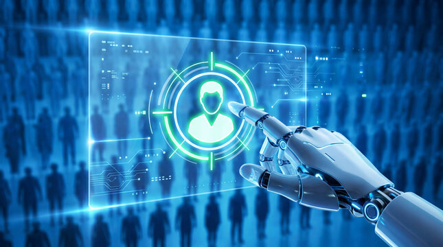 Robotic hand pointing at a glowing digital screen with a human profile icon inside a crosshair target interface against a blurred background of numerous human silhouettes