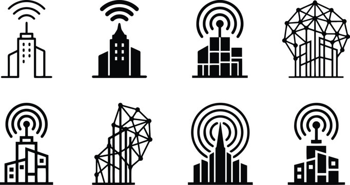 Wireless smart building icon collection showing city antenna signal tower network infrastructure and connected architecture in black white vector style