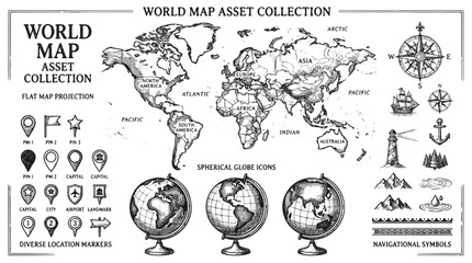 Vintage World Map Assets Collection Flat Projection and Globe Icons © Clovernand