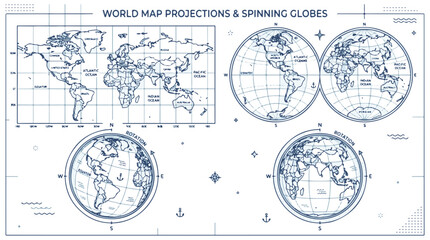 World Map Projections and Spinning Globes Illustrations © Clovernand