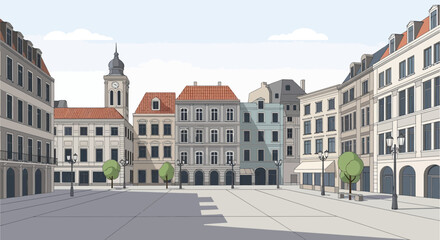 European City Square with Historic Buildings, Town Hall Tower, and Street Lamps © solikhin