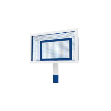 Modern 3d soccer goal with white and blue frames and blue mesh on a support post against a white studio background professional athletic equipment concept