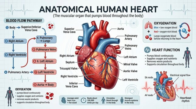 Anatomical human heart diagram with blood flow pathway and heart function