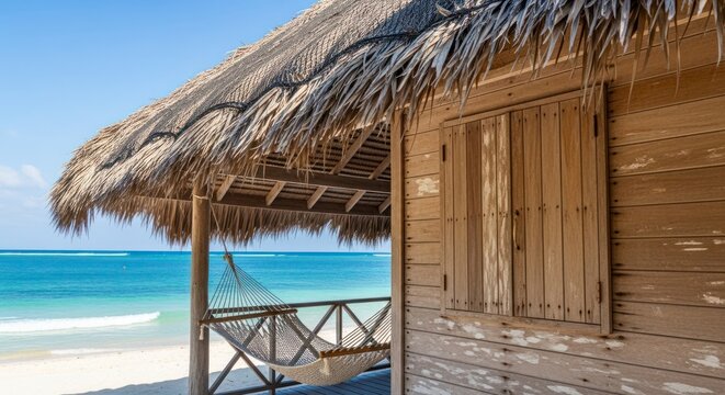 Beach hut with thatched roof.