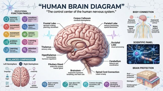 Human brain diagram with functions and protection