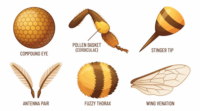 Anatomy of a bee showcasing compound eye, pollen basket, stinger tip, antenna pair, fuzzy thorax, and wing venation up close.
