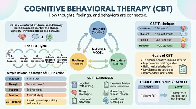 Cognitive behavioral therapy cbt infographic explaining thoughts feelings behaviors