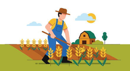 Farmer working in wheat field with barn and sun in background, vector illustration © solikhin