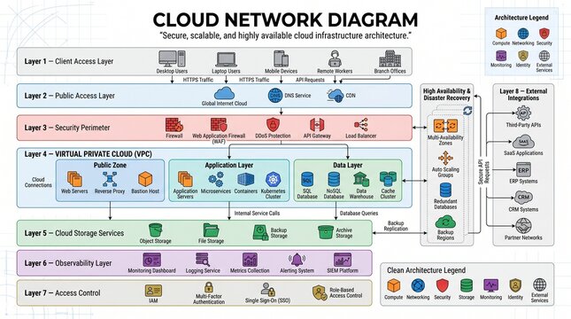 Cloud network architecture diagram with security and infrastructure layers