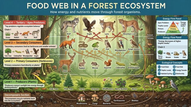 Food web in a forest ecosystem diagram showing energy and nutrient flow