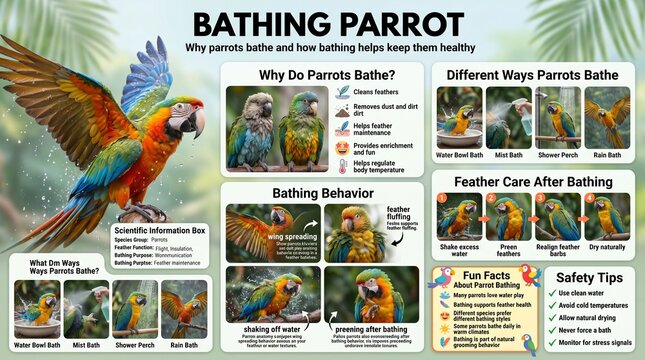 Infographic poster about parrot bathing habits and feather care tips