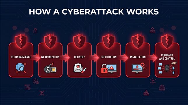 Cyberattack process infographic showing the stages of a cyber security breach