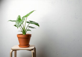 Fototapeta premium Minimalist Green Potted Houseplant on a Wooden Stool Against a Textured White Wall