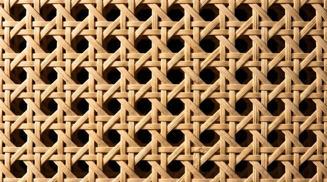 The intricate woven pattern of a traditional rattan wall or screen with holes