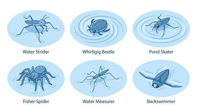 Various aquatic insects like Water Strider, Whirligig Beetle, Pond Skater, Fisher Spider, and Backswimmer are shown in different water environments.