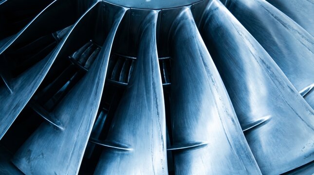 Closeup of a jet engine turbine fan blades