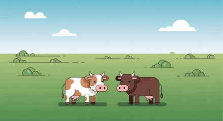 Two cartoon cows in a green field under a blue sky with clouds © Kamar