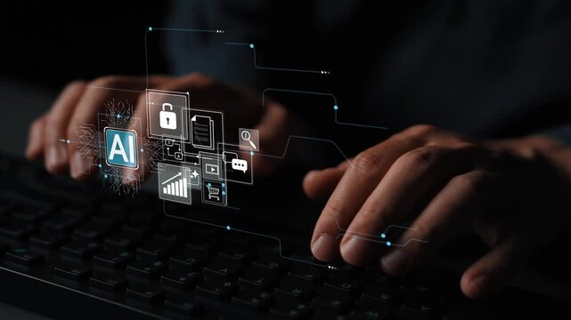 Hands Typing on Keyboard with AI Graphics and Digital Icons Representing Data Security, Communication, and Technology Interactions in Modern Workspace Gluon.