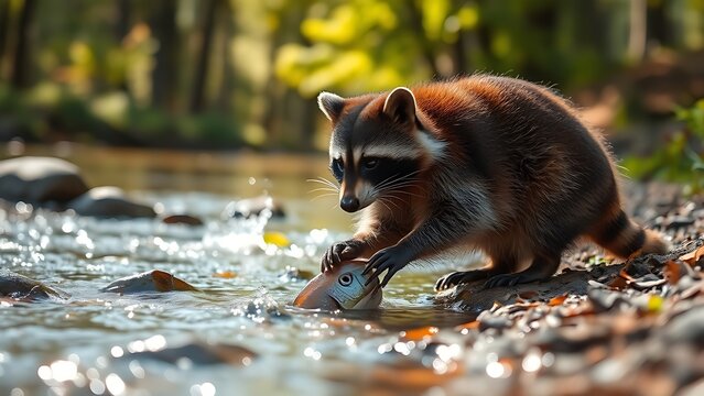Raccoon by a stream, paws slipping as it tries to catch a fish in dappled sunlight.