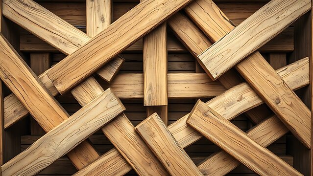 Geometric pattern of interlocking rough wooden beams forming a tight structure, top-down view.