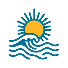 Logo agencia de viajes. Vacaciones de verano. Dibujo sencillo con líneas de un sol con olas de mar © teracreonte