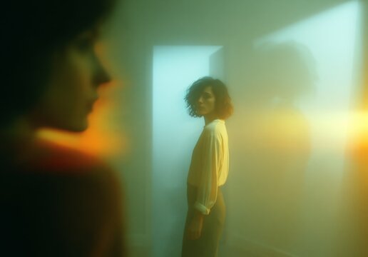 A surreal conceptual photograph of a woman in a quiet room, where fragmented, overlapping shadows and ghostly lights fill the empty space, serving as a poetic symbol for schizophrenia and mental disor