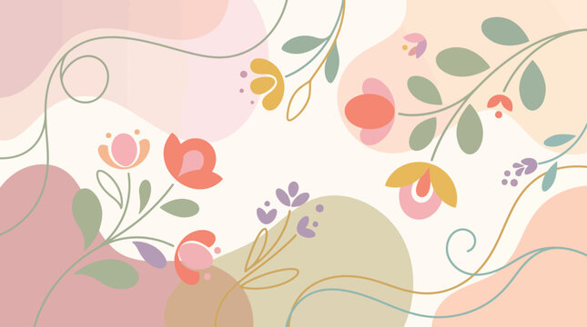 Colorful abstract floral pattern with pastel shapes and leaves