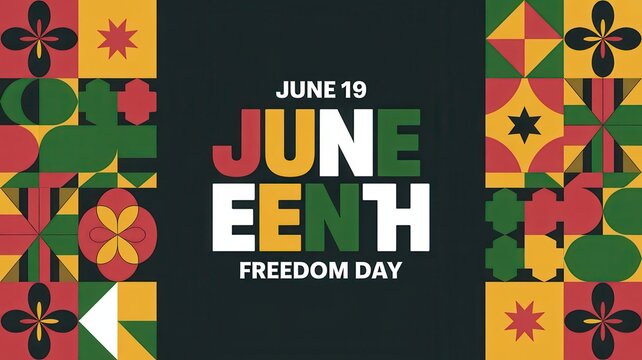 Juneteenth freedom day, june 19, celebration banner with panafrican flag colors, geometric patterns and typography