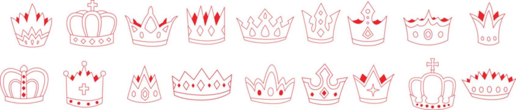 Elegant crown icon collection showcases royal decorative symbols in minimal line art style. Stylish vector illustrations add luxury branding accents and regal identity concepts. Modern ornamental grap