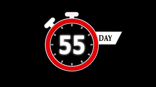 Just 55 days to go, countdown running fast; stopwatch animation video showing 0 to 55 days, clean days to go design for marketing promotions.