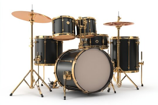 A studio shot of a complete drum set with black shells and golden hardware