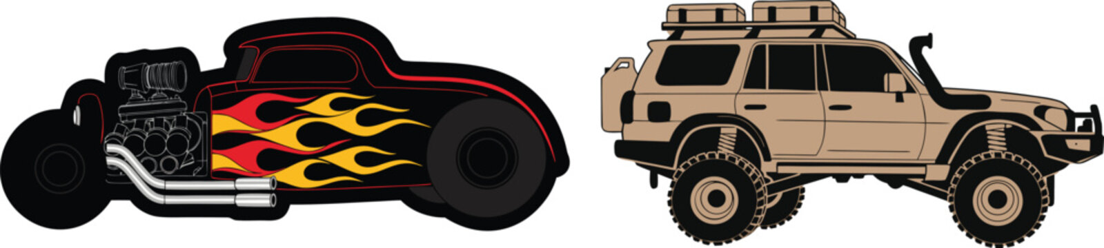Hot rod and offroad truck illustrations showcase rugged automotive adventure themes. Vintage custom vehicle vector designs feature flames oversized tires and bold styling. Dynamic transport graphics s