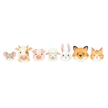 Front-facing charming watercolor animal heads: mouse, cow, pig, lamb, rabbit, fox, bear, cat in warm pastels on white, innocent childhood wonder