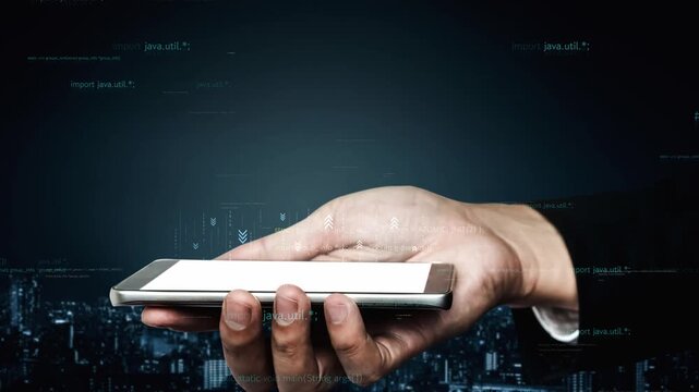 A close-up view of a hand holding a smartphone against a dark city skyline background, featuring overlay elements that represent digital communication and advanced technology concepts. Xenic
