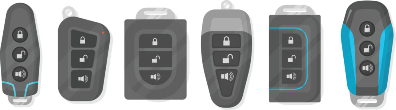 Car key remote collection features realistic automotive security devices and metal keys. Modern vector illustrations suit transport branding manuals and locksmith concepts. Clean isolated designs.