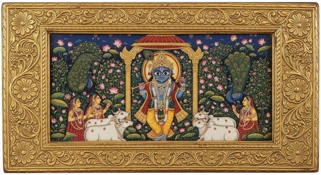 Vibrant Indian Miniature Painting Depicting Lord Krishna with Cows and Gopis.