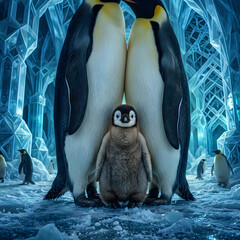 Obraz premium Baby Penguin Chick Between Parents In Geometric Ice Crystal Cave