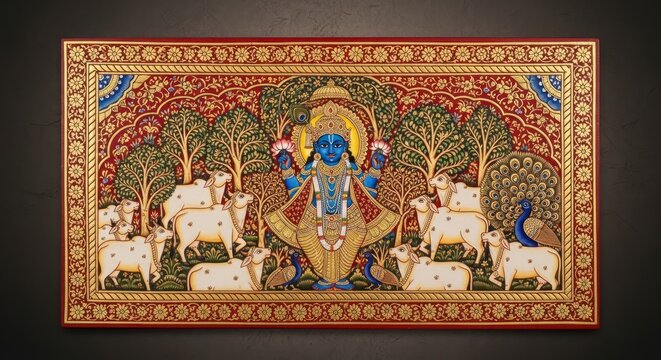 Vibrant Indian Miniature Painting Depicting Lord Krishna with Cows and Trees.