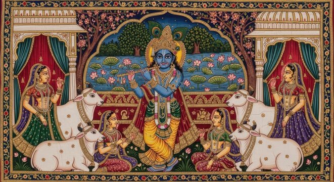 Vibrant Indian Miniature Painting Depicting Lord Krishna with Gopis and Cows.