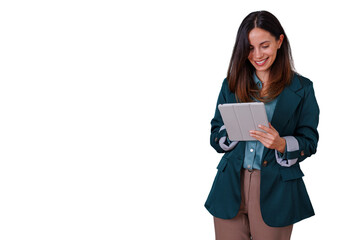 Fototapeta premium Woman standing, smiling and holding a digital tablet. Engaging with modern technology for business tasks. Transparent background